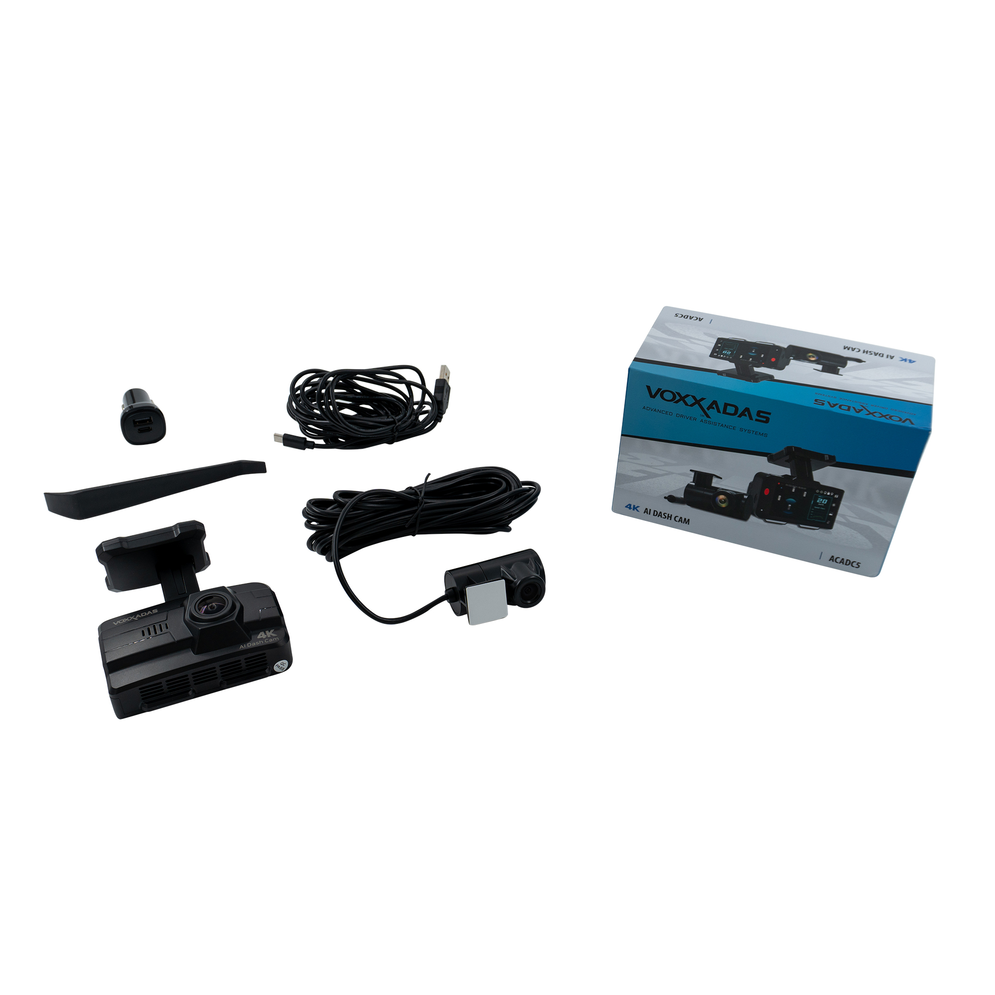 VOXX ACADC5 front and rear dash camera package contents